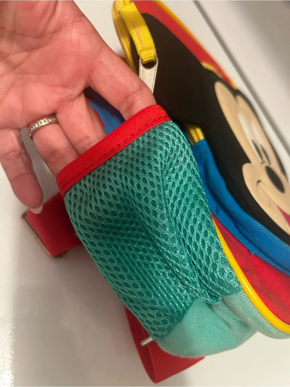 Disney Red Mickey Mouse Kids Backpack with Teal Pockets and Yellow Trim
